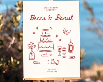Whimsical Wedding Welcome Sign Hand-Drawn Illustration Wedding Ceremony Sign Template  for Modern Reception Vintage Digital Signage Canva