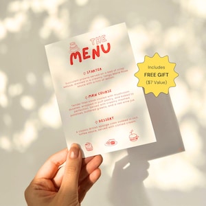 Peut inclure: Un menu blanc avec du texte rouge et des illustrations. Le menu propose une entrée, un plat principal et un dessert. Le menu comprend également un cadeau gratuit d'une valeur de 7 €.