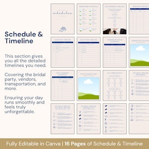 This editable Canva wedding planner features over 110 printable pages for couples to manage their wedding planning process. Sections include vendor contacts, timelines, bridal checklists, decor notes, music choices, and detailed schedules. The elegant design combines functionality with style, helping brides and grooms track every task and timeline to create a coordinated, stress-free, and memorable wedding event.
