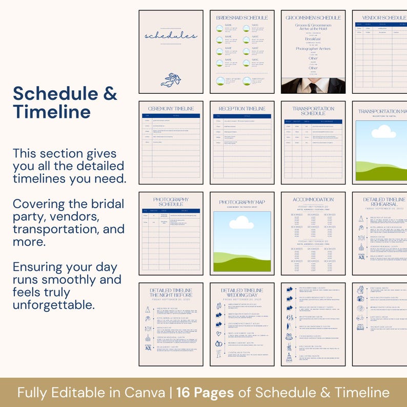 This editable Canva wedding planner features over 110 printable pages for couples to manage their wedding planning process. Sections include vendor contacts, timelines, bridal checklists, decor notes, music choices, and detailed schedules. The elegant design combines functionality with style, helping brides and grooms track every task and timeline to create a coordinated, stress-free, and memorable wedding event.