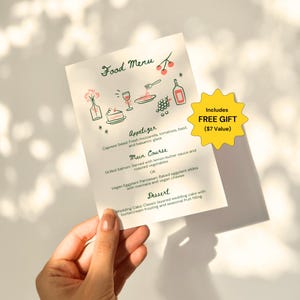Modelo de menu de casamento caprichoso, menu de comida editável desenhado à mão, papelaria para casamento, sinalização, design exclusivo para impressão, decoração minimalista para casamento