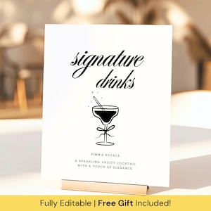 Signature Drinks Wedding Sign, Black Script Cocktail Menu Template, Elegant Minimalist Wedding Signage, His and Hers Drink Sign Bar Sign