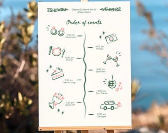 Divertente cartello con cronologia del matrimonio, ordine personalizzato degli eventi, icone disegnate a mano, modificabile, cartello con cronologia del giorno del matrimonio fantasioso per la decorazione stampabile del ricevimento