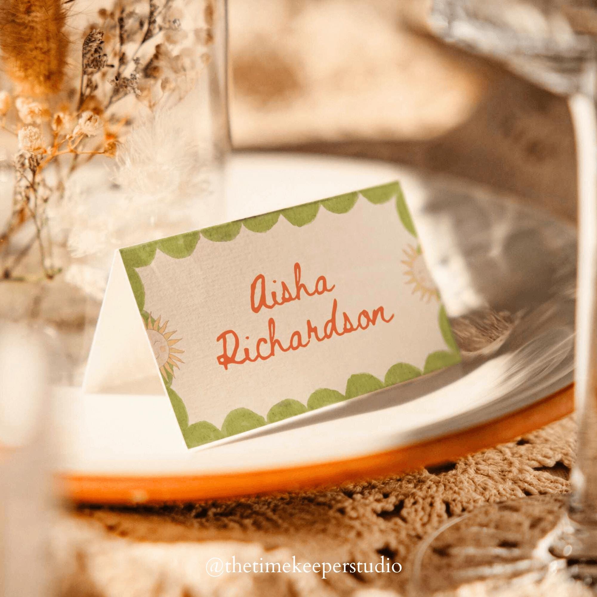Whimsical Wedding Place Card, Colourful Tented and Flat Name Card, Editable Canva Template, Cute Green Border, Hand Drawn Wedding Stationery