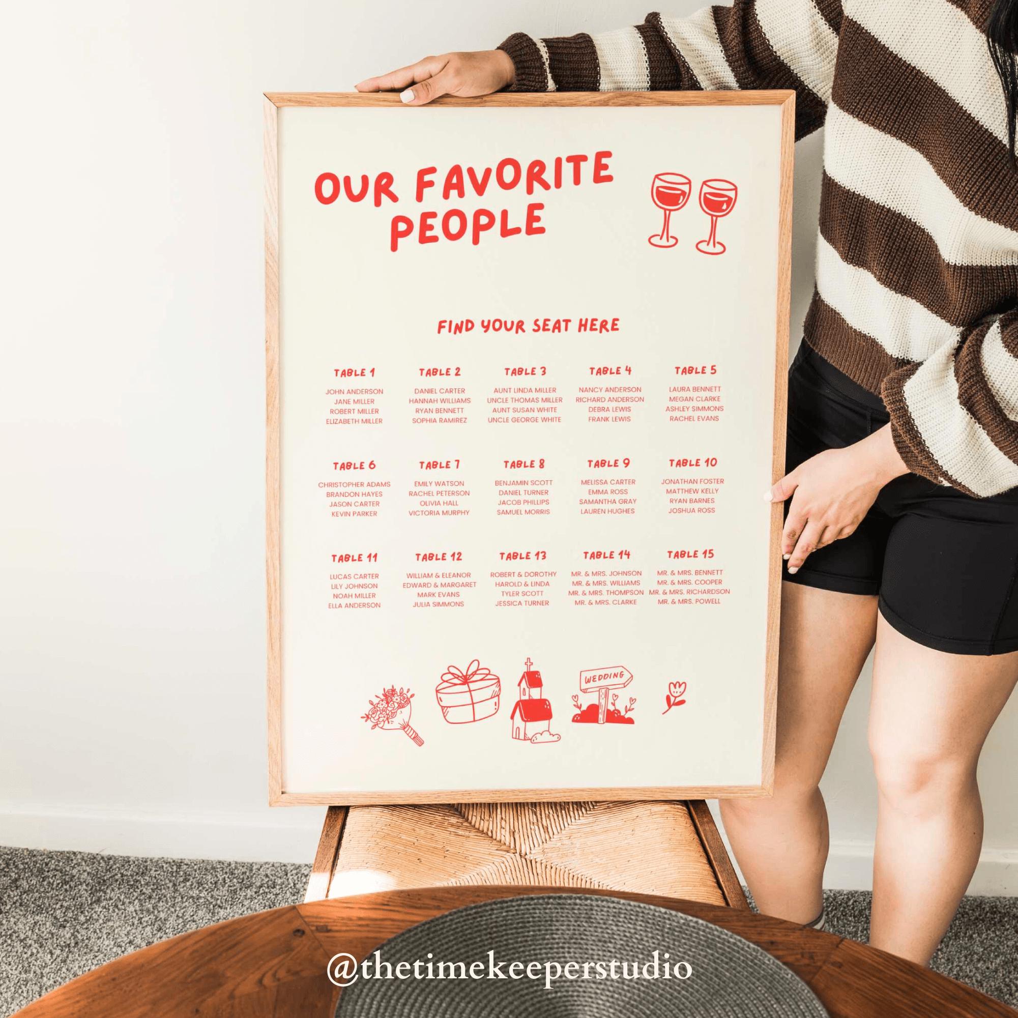 Red Wedding Seating Chart Template, Canva Editable Wedding, Quirky Hand ...