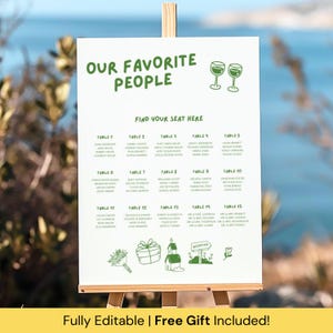 Green Wedding Seating Chart Template, Quirky Hand-Drawn Table Sign, Modern Fun Seating Arrangement,  Canva Editable Wedding Seat Chart