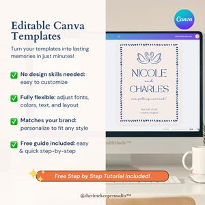 This wedding planner Canva template showcases over 110 editable pages, helping brides and grooms manage wedding preparation timelines, detailed to-do lists, decor and layout plans, guest lists, music and menu selections, speeches, and vendor contacts. Designed for easy customization, this planner provides a beautiful and practical solution for couples looking to stay on top of every wedding planning detail.