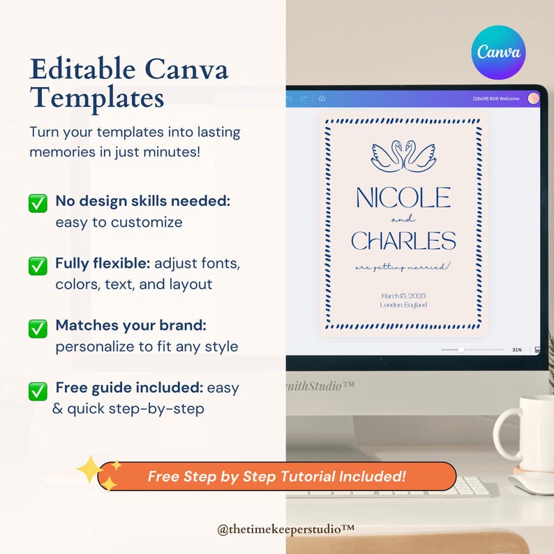This wedding planner Canva template showcases over 110 editable pages, helping brides and grooms manage wedding preparation timelines, detailed to-do lists, decor and layout plans, guest lists, music and menu selections, speeches, and vendor contacts. Designed for easy customization, this planner provides a beautiful and practical solution for couples looking to stay on top of every wedding planning detail.