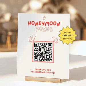 Honeymoon Fund Wedding Sign, Fun Quirky Doodle Style, QR Code Cash Gift Table Sign, Editable Canva Template, Red Printable Display