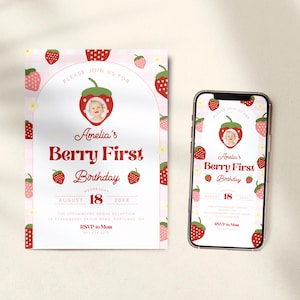 Invitación de primer cumpleaños con foto de bayas, linda fresa para niña de primer cumpleaños, plantilla Canva con temática de frutas, tarjeta imprimible rosa y roja
