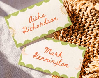 Colourful Wedding Place Card, Whimsical Tented and Flat Name Card, Editable Canva Template, Cute Green Border, Hand Drawn Wedding Stationery