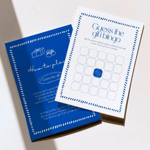 Juego de bingo "Adivina el regalo" para despedida de soltera, plantilla editable de Canva azul marino, actividad clásica para despedida de soltera, juego de bingo minimalista.