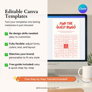 Editable bridal shower bingo game designed in Canva, featuring prompts like “has three siblings” and “wearing something blue.” This printable game adds a fun, social element to any wedding shower, helping guests break the ice and connect. The stylish red design and easy-to-follow instructions make it a perfect addition to bachelorette parties or engagement events.