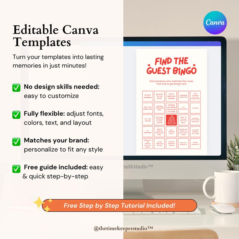 Editable bridal shower bingo game designed in Canva, featuring prompts like “has three siblings” and “wearing something blue.” This printable game adds a fun, social element to any wedding shower, helping guests break the ice and connect. The stylish red design and easy-to-follow instructions make it a perfect addition to bachelorette parties or engagement events.