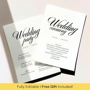 Plantilla clásica de programa de boda, tarjeta minimalista para ceremonia de boda, orden de servicio sencillo, programa de ceremonia de boda elegante y editable