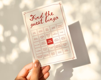 Plantilla de juego de bingo "Encuentra al invitado" Juego para romper el hielo en la despedida de soltera Juego para conocerse Plantilla de bingo editable Juego de despedida de soltera imprimible