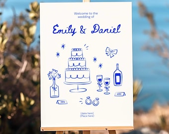 Cute Wedding Welcome Sign Template Hand-Drawn Illustrated Wedding Ceremony Sign Template Sign Editable Canva Unique Whimsical Design