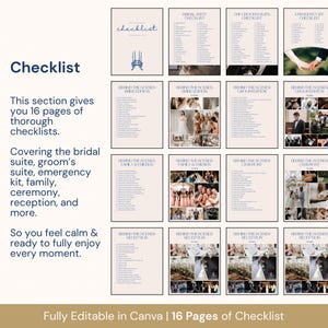 A wedding planner book template displayed here offers over 110 editable Canva pages, including detailed checklists, music and menu planners, vendor contacts, wedding party info, seating layouts, and thank you sections. Designed for brides, grooms, or wedding coordinators, this planner ensures every part of the wedding — from decor to speeches — is beautifully organized and ready for the big day.
