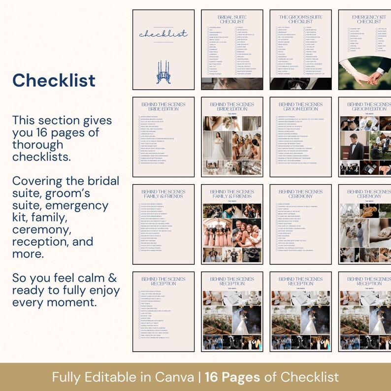 A wedding planner book template displayed here offers over 110 editable Canva pages, including detailed checklists, music and menu planners, vendor contacts, wedding party info, seating layouts, and thank you sections. Designed for brides, grooms, or wedding coordinators, this planner ensures every part of the wedding — from decor to speeches — is beautifully organized and ready for the big day.