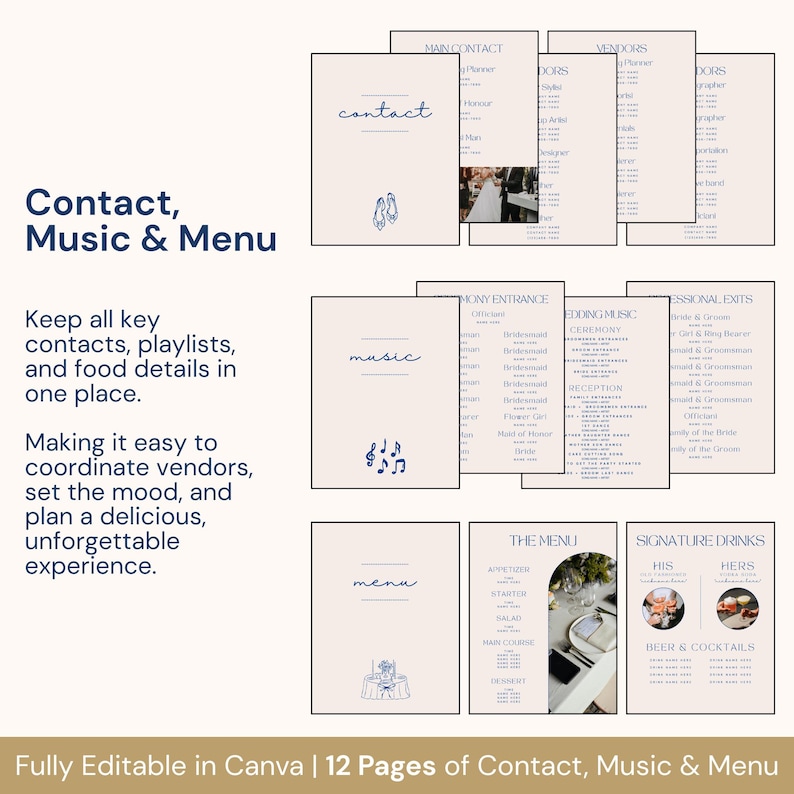 Shown is a digital wedding planner template with over 110 customizable pages for planning a seamless wedding experience. Includes a cover page, table of contents, checklists, timelines, decor ideas, layouts, music planning, and detailed schedules. Perfect for wedding coordination, this Canva planner allows brides, grooms, and event managers to personalize every section for an organized, beautifully styled celebration.