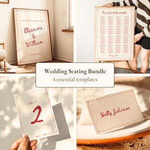 Plantilla de paquete de boda Letrero de bienvenida vintage editable dibujado a mano Plano de asientos Números de mesa Tarjetas de lugar Letrero de boda caprichoso personalizado Canva