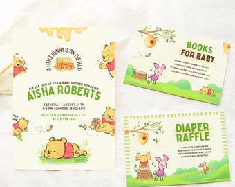 baby shower invitation Winnie the pooh card little honey bee invite 100 acre wood diaper raffle books for baby insert teddy pooh bear party