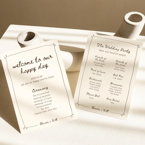 Plantilla de programa de boda escrito a mano Programa de ceremonia vintage caprichoso Diseño único editable de Canva Papelería de boda única e imprimible