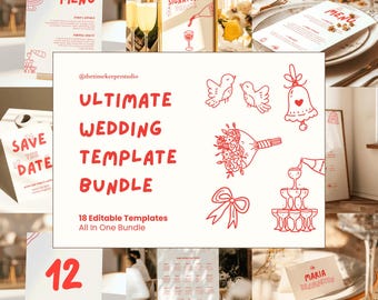 All-in-One Wedding Template Bundle, Editable Canva Set, Red Ultimate Hand-Drawn Signs, Printable Wedding Signage, Wedding Reception Display