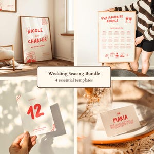 "Hochzeits-Schild-Bundle-Vorlagen, ""Rotes"" handgezeichnetes Willkommens-Schild, Sitzplan, Tischnummern, Tischkarten, Hochzeitsempfänge Canva."
