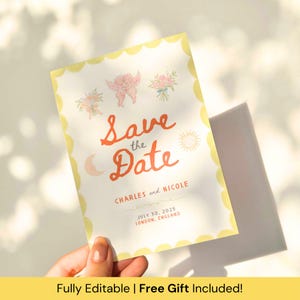 Cartão de reserva de data criativo, anúncio de casamento fofo, design de convite de casamento ilustrado, impressão de borda desenhada à mão, modelo editável do Canva
