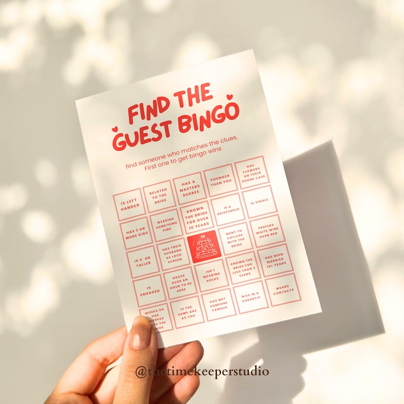 Editable Canva bridal shower bingo game designed to help guests meet and interact. Includes a red-and-white “Find the Guest” bingo card filled with prompts and a matching instruction card. This printable game is ideal for wedding showers, bachelorette events, or engagement parties, providing a lighthearted way to break the ice and make sure everyone feels included and involved.