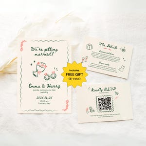 Ensemble de faire-part de mariage Code QR Modèles modifiables dessinés à la main Suite de mariage manuscrite fantaisiste avec carte de renseignements RSVP Design moderne Toile