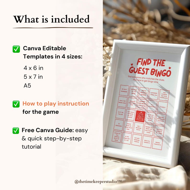 This editable Canva printable bridal shower bingo game features playful prompts and a how-to-play guide, encouraging guests to interact and explore. With a bright red and white theme, it suits modern or classic bridal showers, wedding showers, and bachelorette parties. Guests compete to fill their card, creating fun, laughter, and meaningful connections among friends and family.