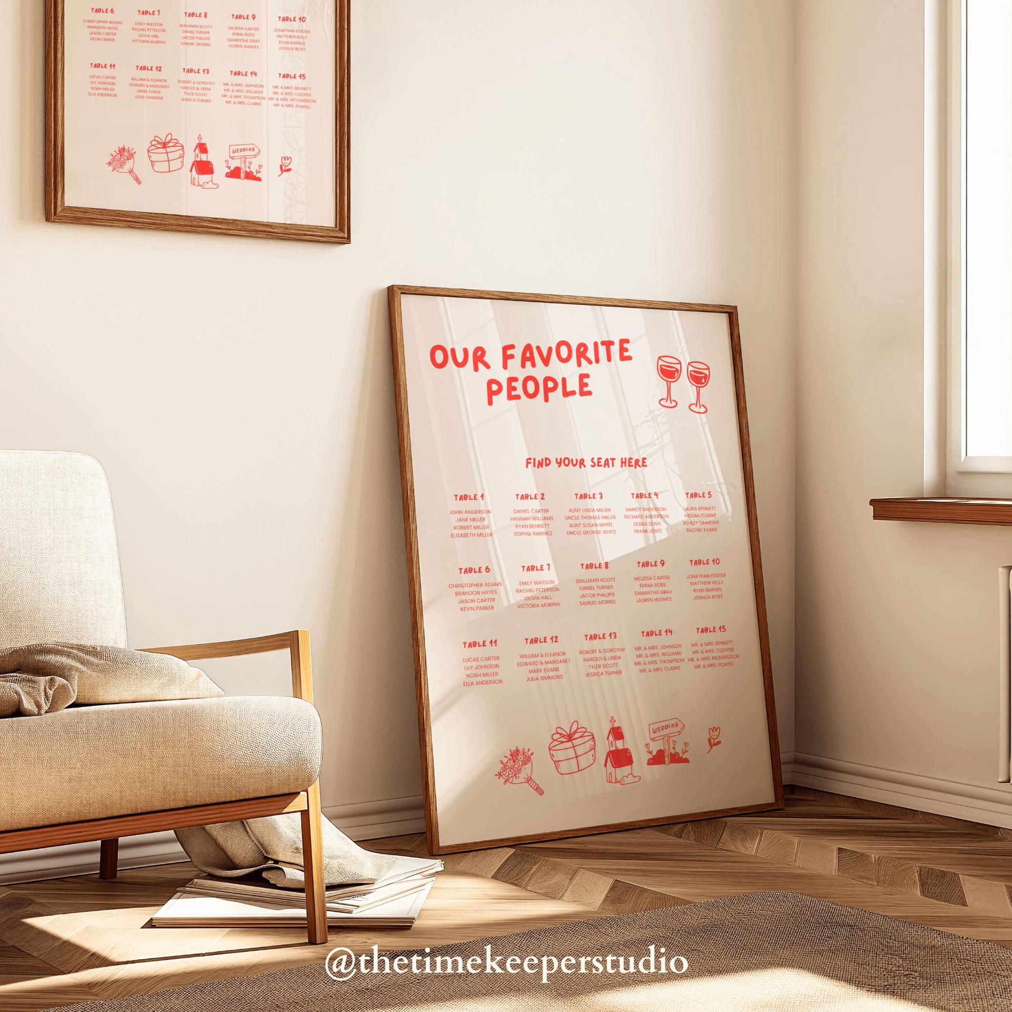 Red Wedding Seating Chart Template, Canva Editable Wedding, Quirky Hand ...