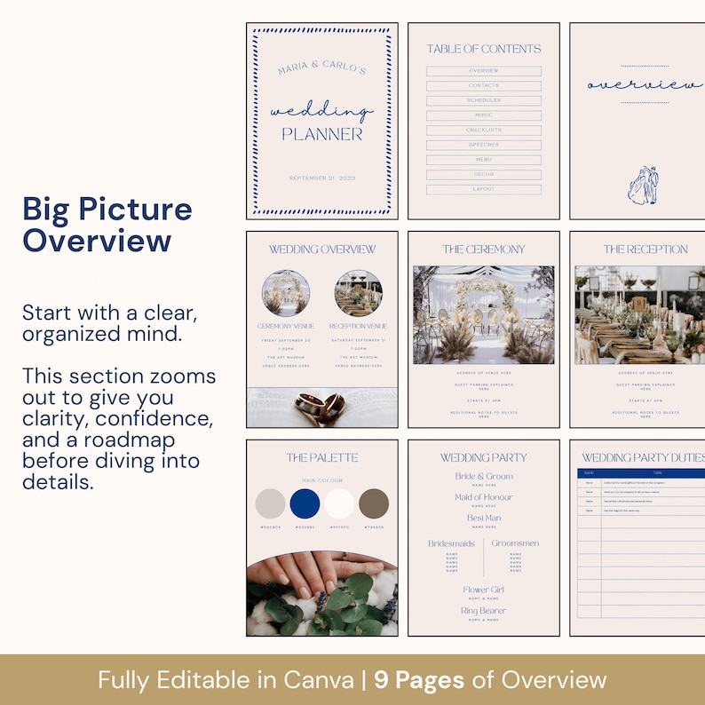 A comprehensive wedding planner printable designed for brides and grooms, featuring 110+ editable pages. The template includes sections for a wedding checklist, bridal to-do list, timeline planning, decor coordination, menu details, seating layouts, and thank you notes. With a modern blue and cream design, this planner helps couples stay organized and stress-free while managing every aspect of their wedding event from start to finish.