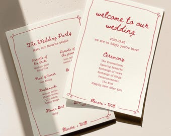 Wedding Program Template Whimsical Ceremony Card Hand-Drawn Customizable Boho Order of Service Editable Vintage Wedding Ceremony Program