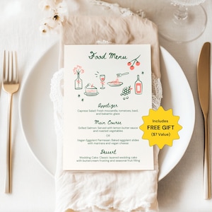 Whimsical Wedding Menu Template Editable Hand-Drawn Food Menu Wedding Stationery Signage Unique Printable Canva Design Minimal Wedding Decor