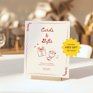 Hochzeitskarten und Geschenke Zeichen bearbeitbares Tischschild wunderliche handgezeichnete Vorlage Hochzeitsdeko niedlich druckbare Illustrieren Hochzeit Signage Canva