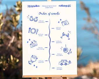 Modello unico per l'ordine degli eventi del matrimonio, cartello con cronologia illustrata disegnata a mano, cronologia del matrimonio personalizzata, cartello divertente per la pianificazione di eventi, stampabile su Canva