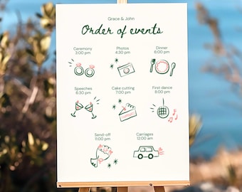 Modello unico per l'ordine degli eventi del matrimonio, cartello con cronologia illustrata disegnata a mano, cronologia del matrimonio personalizzata, cartello divertente per la pianificazione di eventi, stampabile su Canva