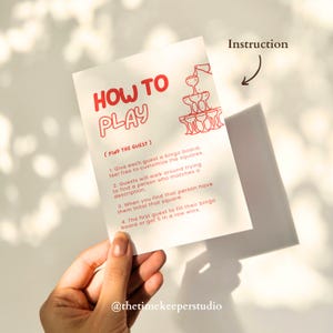 Shown here is an editable Canva template for a wedding shower bingo game that encourages guests to find others matching specific prompts. With a cheerful red design and engaging questions, this printable game helps guests connect and have fun. Perfect for bridal showers or bachelorette events, it adds playful charm and is easy to customize for your unique guest list and event vibe.