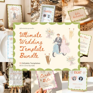 Colourful Wedding Bundle Template, Editable Signage Set, Wedding Invitation Kit, Whimsical Canva Stationery, Hand-Drawn Ceremony Templates