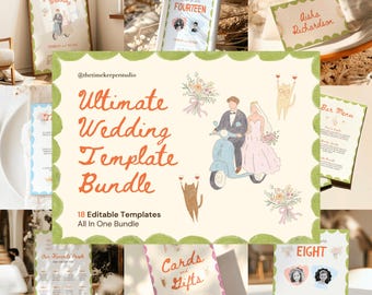 Colourful Wedding Bundle Template, Editable Signage Set, Wedding Invitation Kit, Whimsical Canva Stationery, Hand-Drawn Ceremony Templates