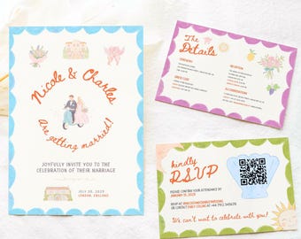 Whimsical Wedding Invitation Suite Colourful, Illustrated RSVP Card and Details Insert, Editable Canva, Hand Drawn Wedding Template Bundle
