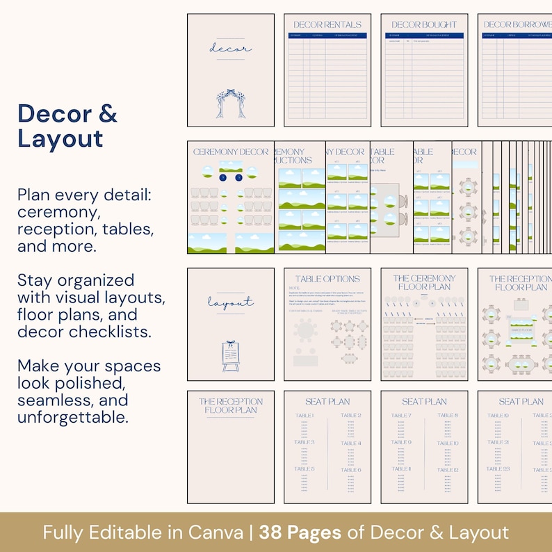 This wedding planning checklist template includes 110+ editable Canva pages, covering essential planning elements like decor arrangements, timelines, guest lists, speeches, music, vendor contacts, and thank you pages. With a refined blue and white theme, this planner helps brides, grooms, or wedding organizers ensure every aspect of the wedding is well-coordinated, stylishly presented, and ready on time.