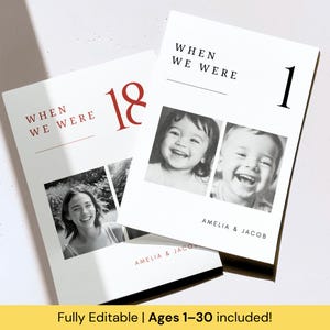 May include: Two white cards with the text "WHEN WE WERE" and the numbers "18" and "1" in red and black. Each card has a black and white photo of a smiling person. The text "AMELIA & JACOB" is printed on the cards.