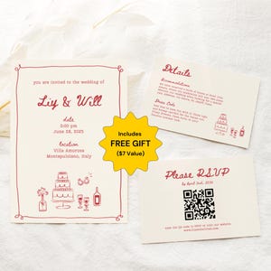 Ensemble de faire-part de mariage dessinés à la main Modèles modifiables avec code QR Suite de mariage originale manuscrite avec carte de renseignements RSVP Design moderne Toile
