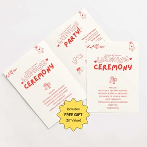Programa de boda imprimible plegado, plantilla única de Canva para bodas, tarjeta de ceremonia editable con divertidos garabatos, diseño de boda peculiar dibujado a mano en rojo