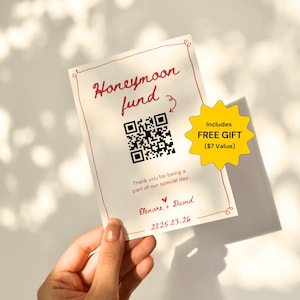 Honeymoon Fund Sign with QR Code Editable Wedding Template Cash Gift Wedding Gift Modern Handwritten Wedding Decor Printable Canva Design