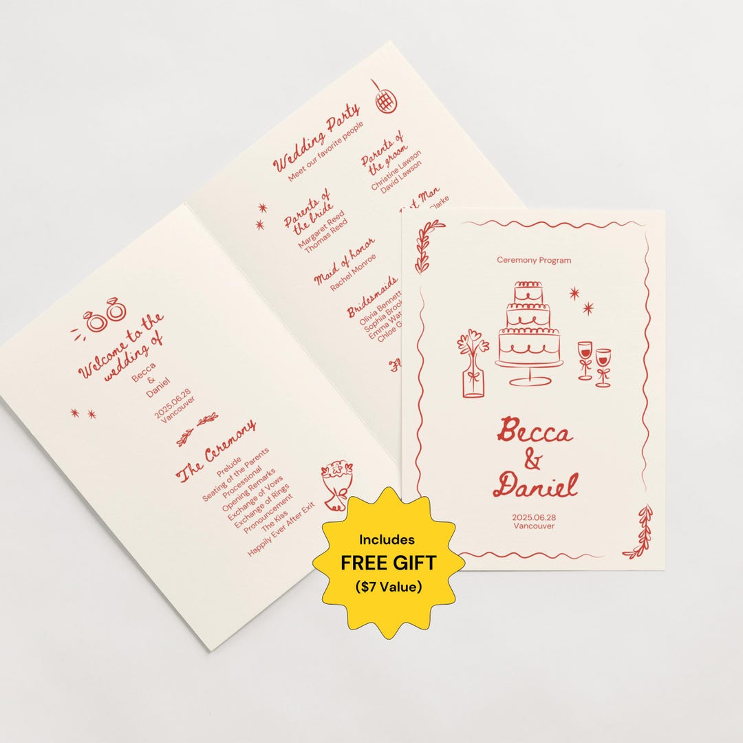 Illustrated Wedding Program Template Hand-drawn Whimsical Ceremony Card ...